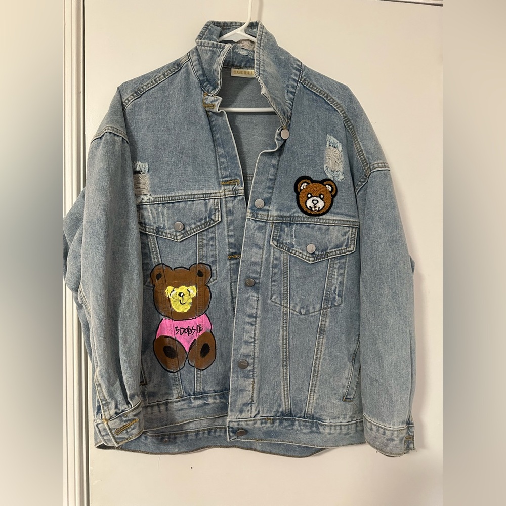 Classic Blue Jean Jacket with Playful Bear Patches New